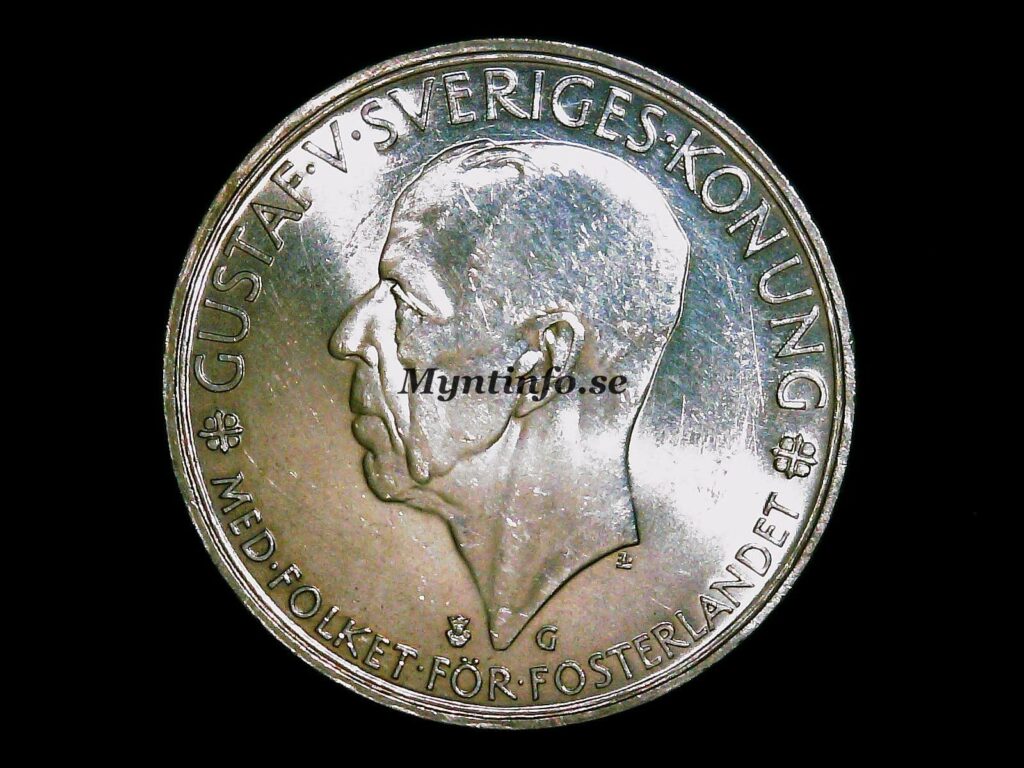 Mynt, framsida/åtsida på en svensk 5 krona från 1935 jubileusmynt, 90% silver