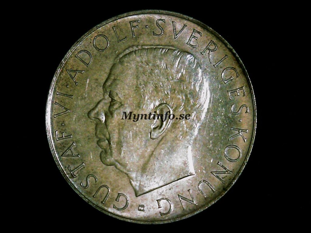 Mynt, framsida/åtsida på en svensk 5 krona från 1952 jubileumsmynt, 40% silver