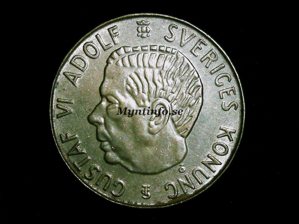 Mynt, framsida/åtsida på en svensk 5 krona från 1954, 40% silver