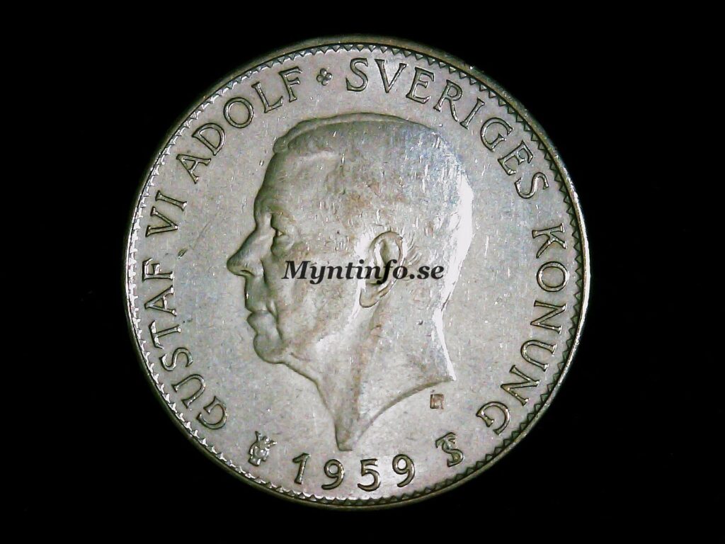 Mynt, framsida/åtsida på en svensk 5 krona från 1959 jubileumsmynt, 40% silver